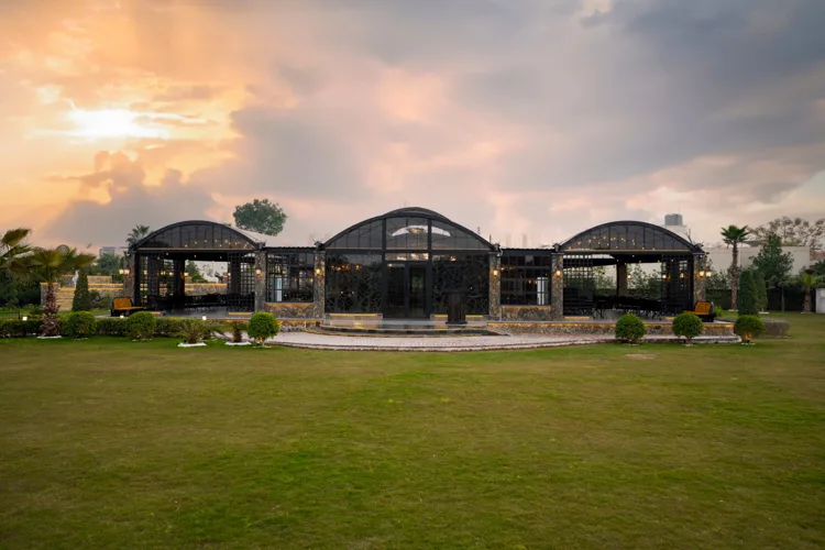 The glass pavilions at sunset